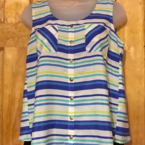 Mine Multi Color Stripe Tank Top Blouse Small  4 - 6100% Polyester Open Slit - Picture 3 of 11